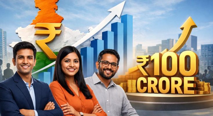 "Bootstrapped Indian startup founders in a modern office celebrating ₹100 crore revenue with growth charts and success indicators."