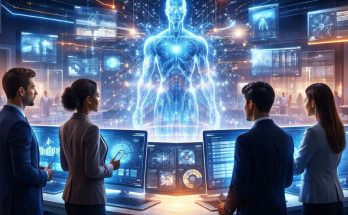 Futuristic enterprise workplace where AI-driven software agents coordinate business workflows across digital dashboards while human teams oversee strategy.