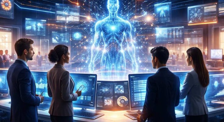 Futuristic enterprise workplace where AI-driven software agents coordinate business workflows across digital dashboards while human teams oversee strategy.