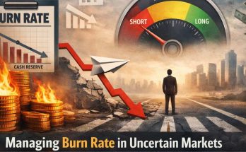 A group of startup founders analyzing financial charts and cash flow graphs on digital screens, illustrating burn rate management and strategic financial planning.