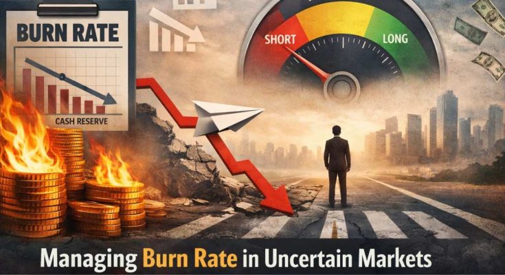 A group of startup founders analyzing financial charts and cash flow graphs on digital screens, illustrating burn rate management and strategic financial planning.