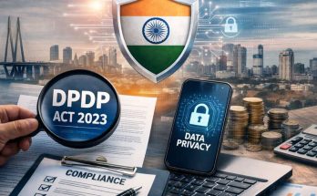 A digital illustration showing India’s fintech data privacy landscape under the DPDP Act 2023. A magnifying glass highlights “DPDP ACT 2023” on a document, a smartphone displays a data privacy lock symbol, coins and a calculator symbolize finance, and a city skyline with digital security graphics forms the background.