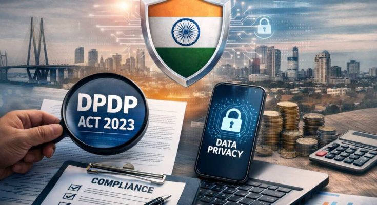 A digital illustration showing India’s fintech data privacy landscape under the DPDP Act 2023. A magnifying glass highlights “DPDP ACT 2023” on a document, a smartphone displays a data privacy lock symbol, coins and a calculator symbolize finance, and a city skyline with digital security graphics forms the background.