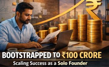 "Solo founder standing confidently on top of growing bar charts with stacks of coins and upward trending graphs, representing bootstrapped startup revenue growth to ₹100 crore."