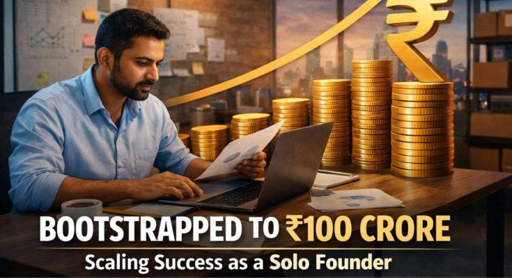 "Solo founder standing confidently on top of growing bar charts with stacks of coins and upward trending graphs, representing bootstrapped startup revenue growth to ₹100 crore."