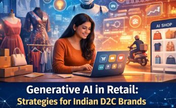 An Indian D2C brand founder using a laptop surrounded by AI interfaces, fashion products, analytics dashboards, and e-commerce icons, illustrating the role of generative AI in modern retail.