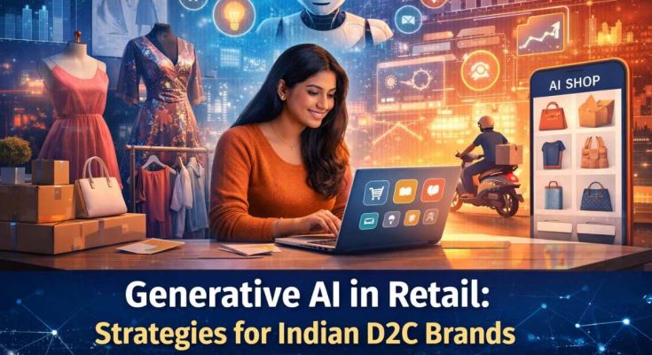 An Indian D2C brand founder using a laptop surrounded by AI interfaces, fashion products, analytics dashboards, and e-commerce icons, illustrating the role of generative AI in modern retail.