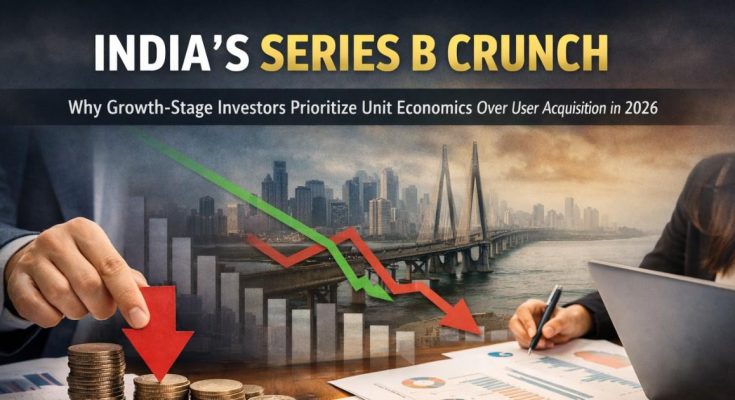 Business professionals reviewing financial charts with falling graphs and coin stacks in front of the Mumbai skyline, illustrating India’s Series B funding crunch and investor focus on unit economics.