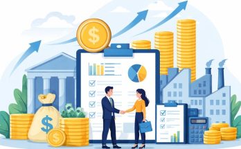 Simple illustration showing a mid-sized business owner and a lender shaking hands, surrounded by financial charts, coins, and industrial buildings, representing strategic debt financing for MSMEs.