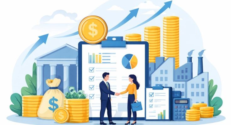 Simple illustration showing a mid-sized business owner and a lender shaking hands, surrounded by financial charts, coins, and industrial buildings, representing strategic debt financing for MSMEs.